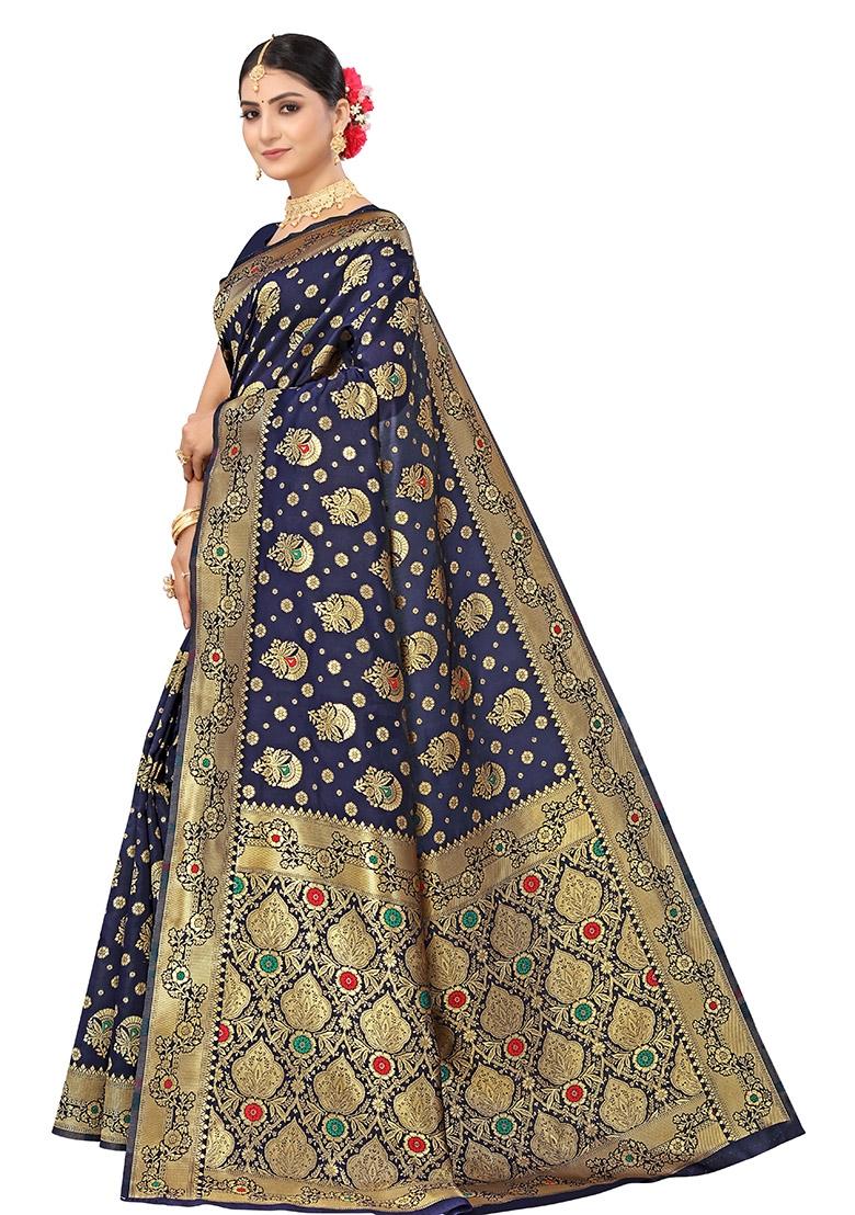 Blue Embroidered Silk Saree Set - Indya