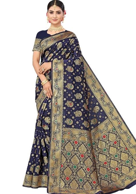 Blue Embroidered Silk Saree Set