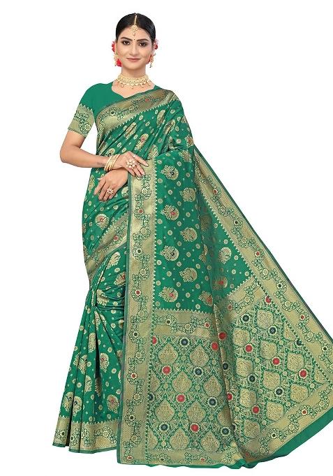 Green Embroidered Silk Saree Set