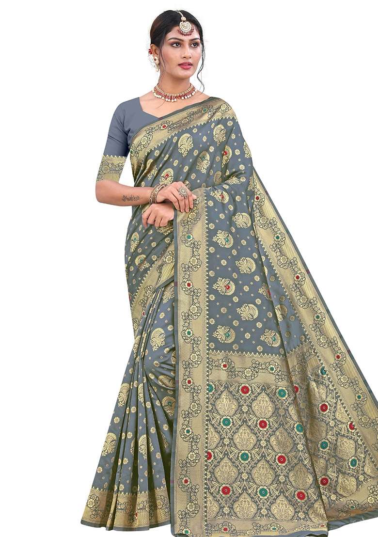Grey Embroidered Silk Blend Saree Set for Diwali and Festive Wear - Indya