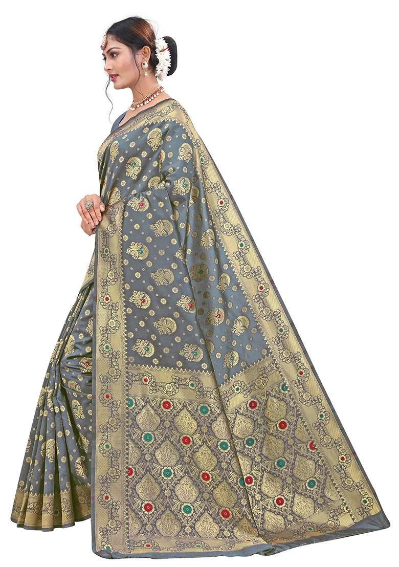 Grey Embroidered Silk Blend Saree Set for Diwali and Festive Wear - Indya