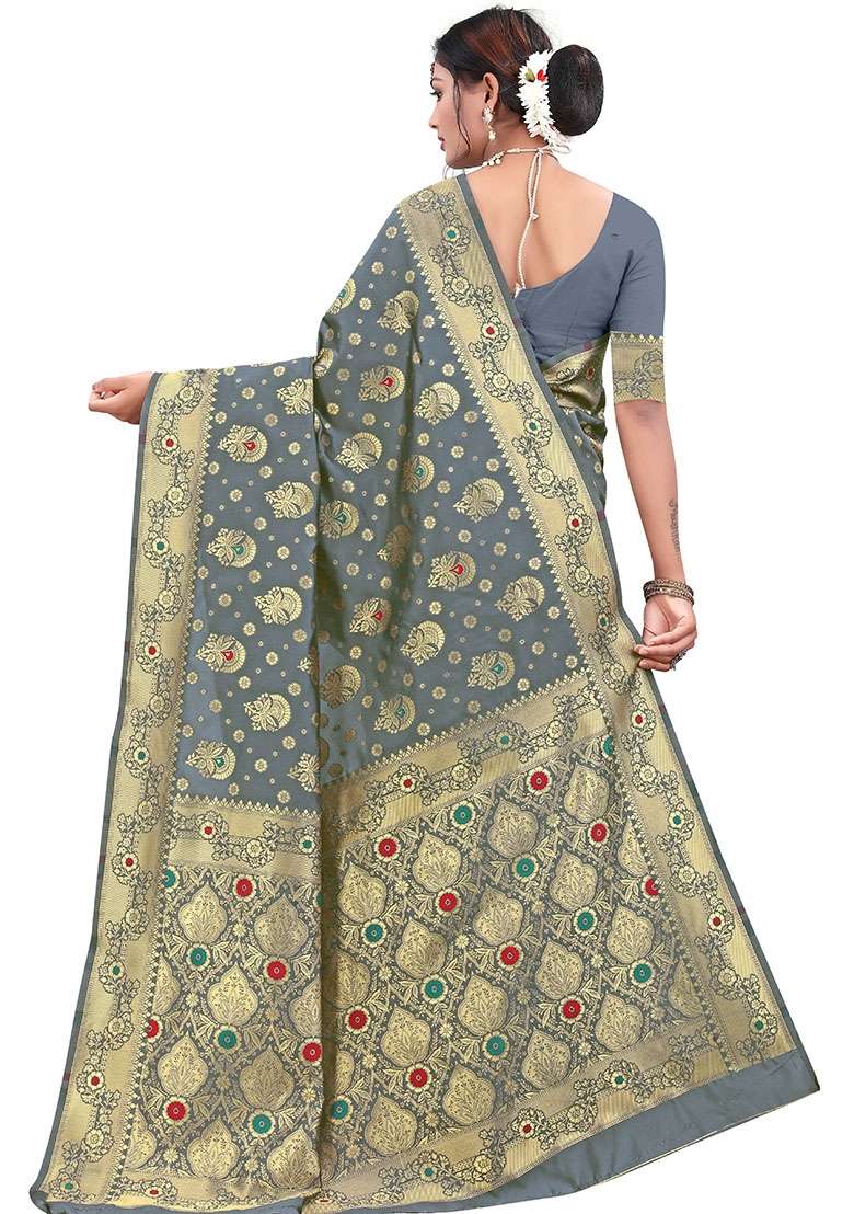 Grey Embroidered Silk Blend Saree Set for Diwali and Festive Wear - Indya