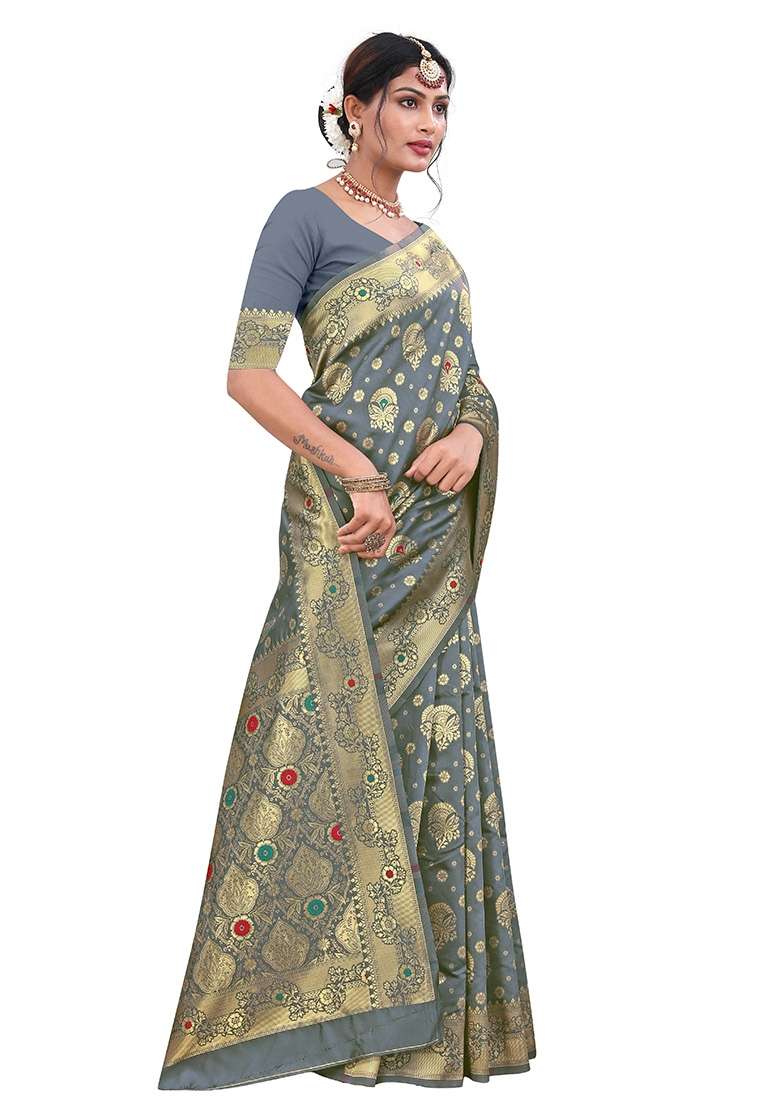 Grey Embroidered Silk Blend Saree Set for Diwali and Festive Wear - Indya