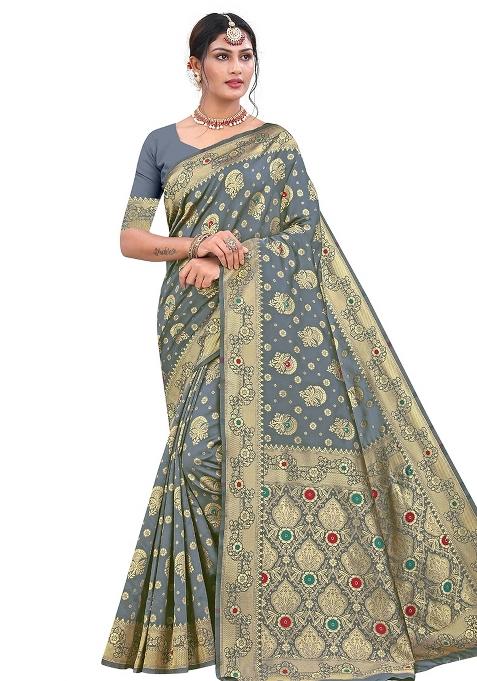 Grey Embroidered Silk Saree Set