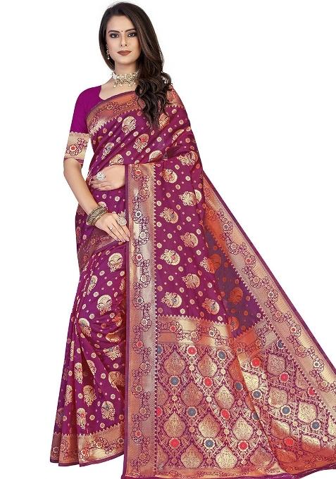 Pink Embroidered Silk Saree Set