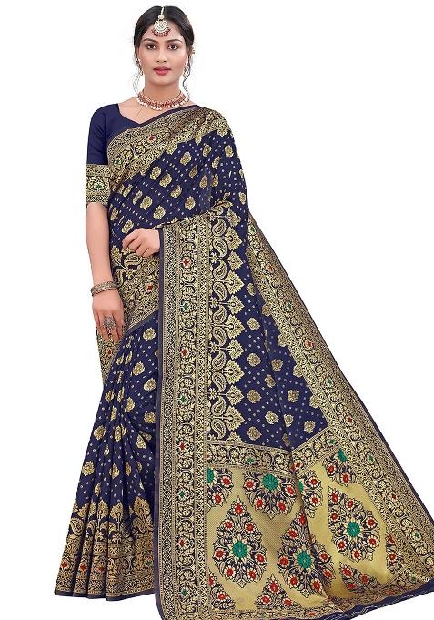 Blue Embroidered Silk Blend Saree Set