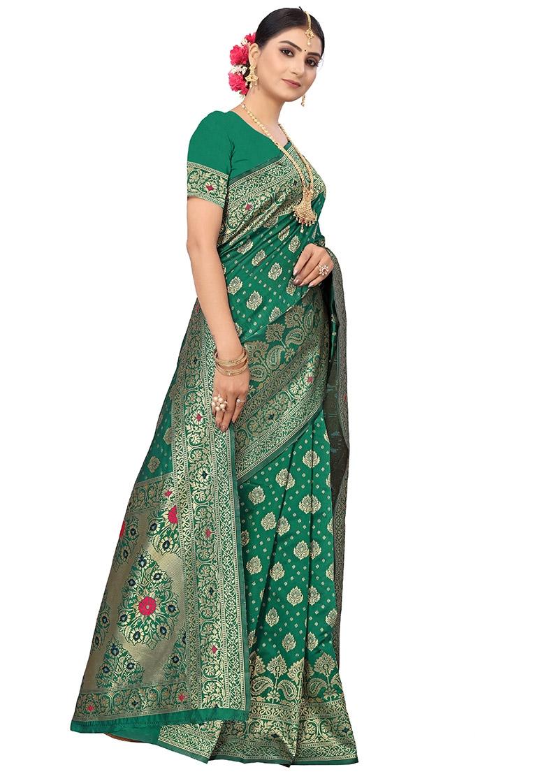 Green Embroidered Silk Saree Set - Indya