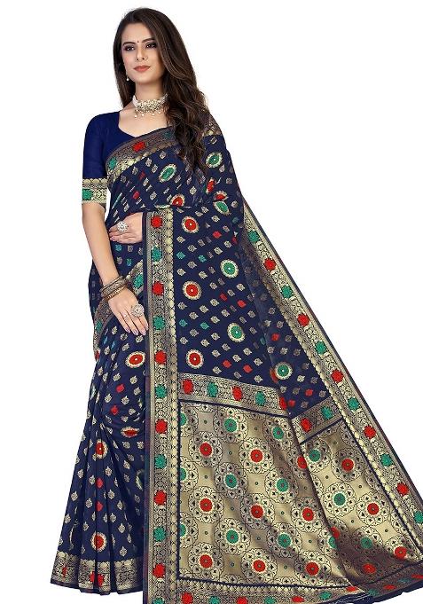 Blue Embroidered Silk Saree Set