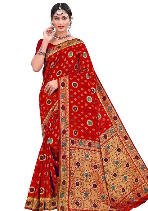 Red Embroidered Silk Saree Set
