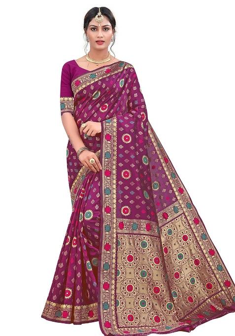 Purple Embroidered Silk Saree Set