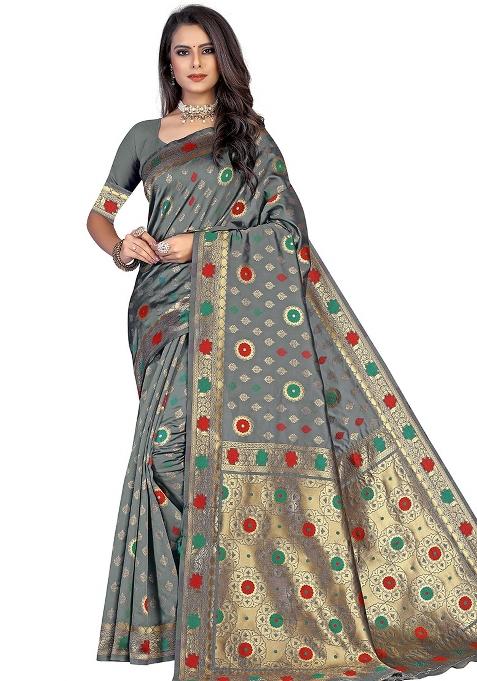 Grey Embroidered Silk Saree Set
