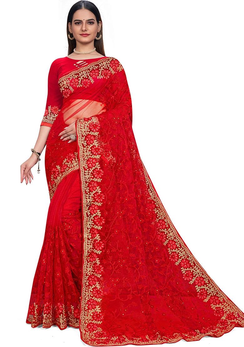 Red Embroidered Net Saree Set