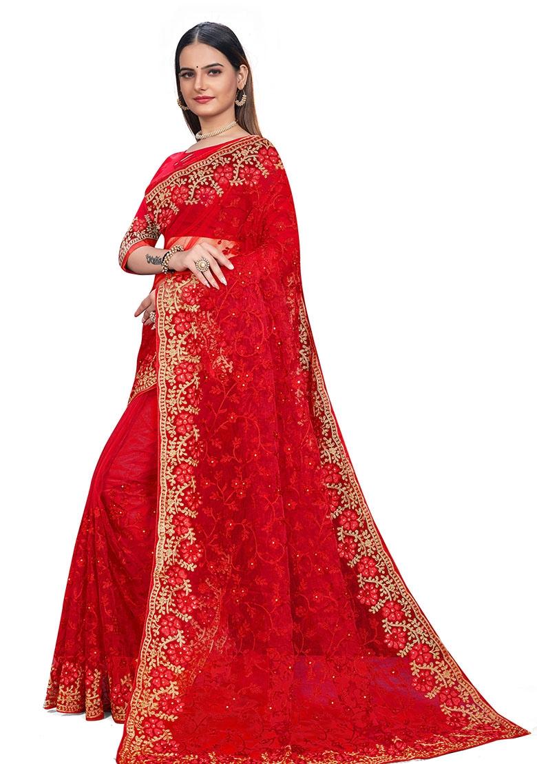 Red Embroidered Net Saree Set