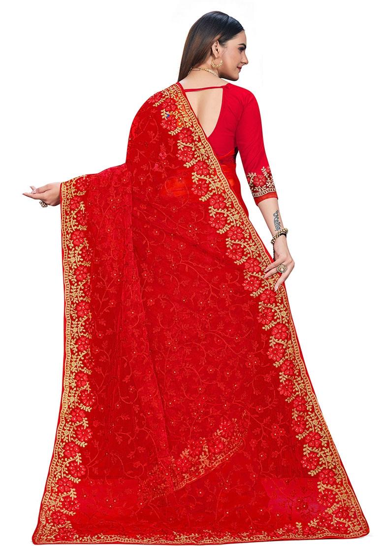 Red Embroidered Net Saree Set