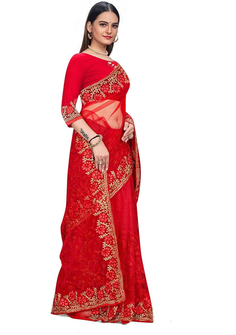 Red Embroidered Net Saree Set