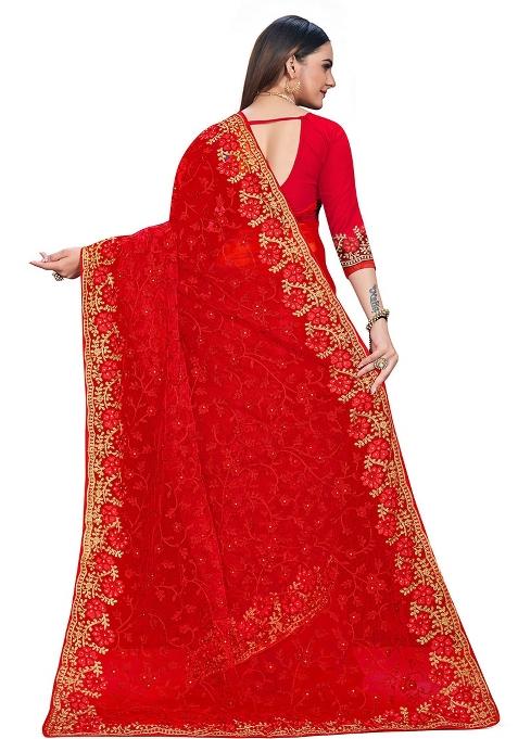 Red Embroidered Net Saree Set