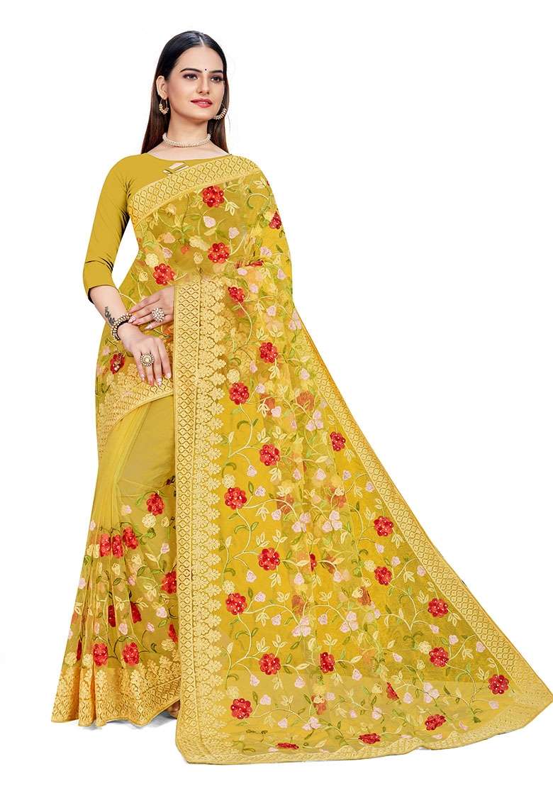 Yellow Net Saree Set with Embroidered for Diwali | Wedding & Festive Wear - Indya