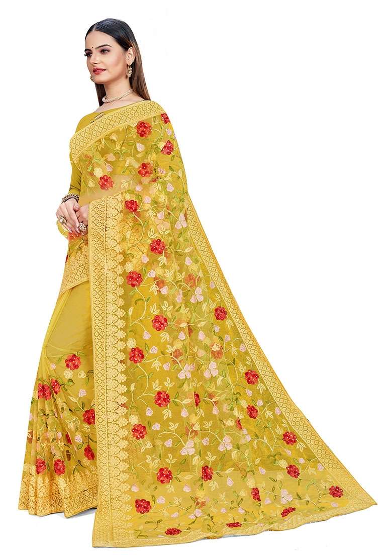 Yellow Net Saree Set with Embroidered for Diwali | Wedding & Festive Wear - Indya