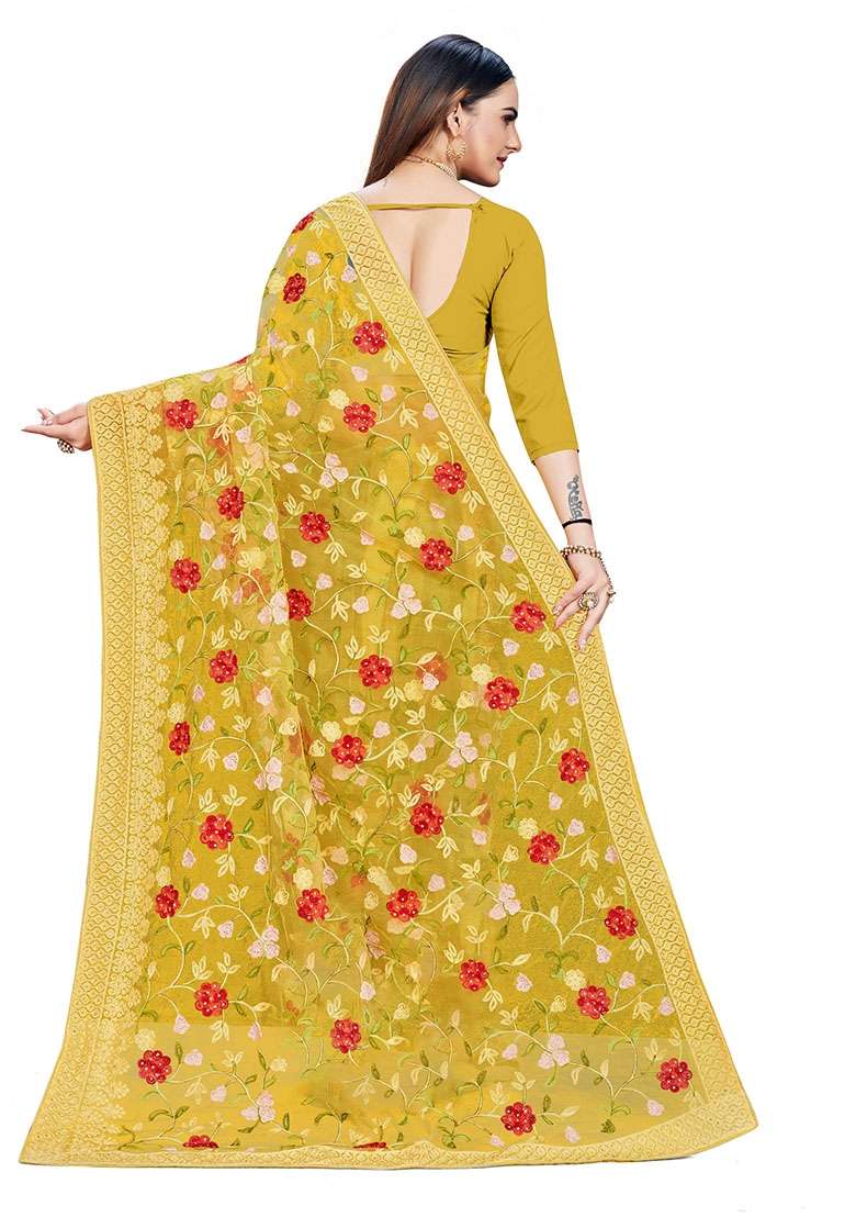 Yellow Net Saree Set with Embroidered for Diwali | Wedding & Festive Wear - Indya