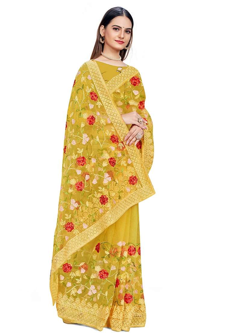 Yellow Net Saree Set with Embroidered for Diwali | Wedding & Festive Wear - Indya