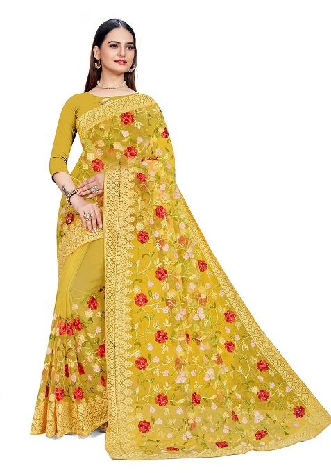 Yellow Embroidered Net Saree Set