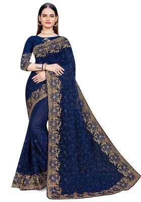 Navy Blue Embroidered Net Saree Set