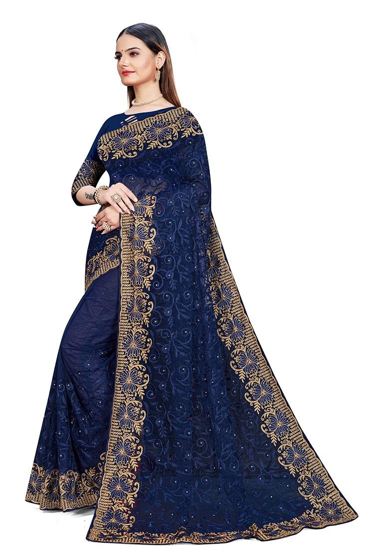 Navy Blue Embroidered Net Saree Set
