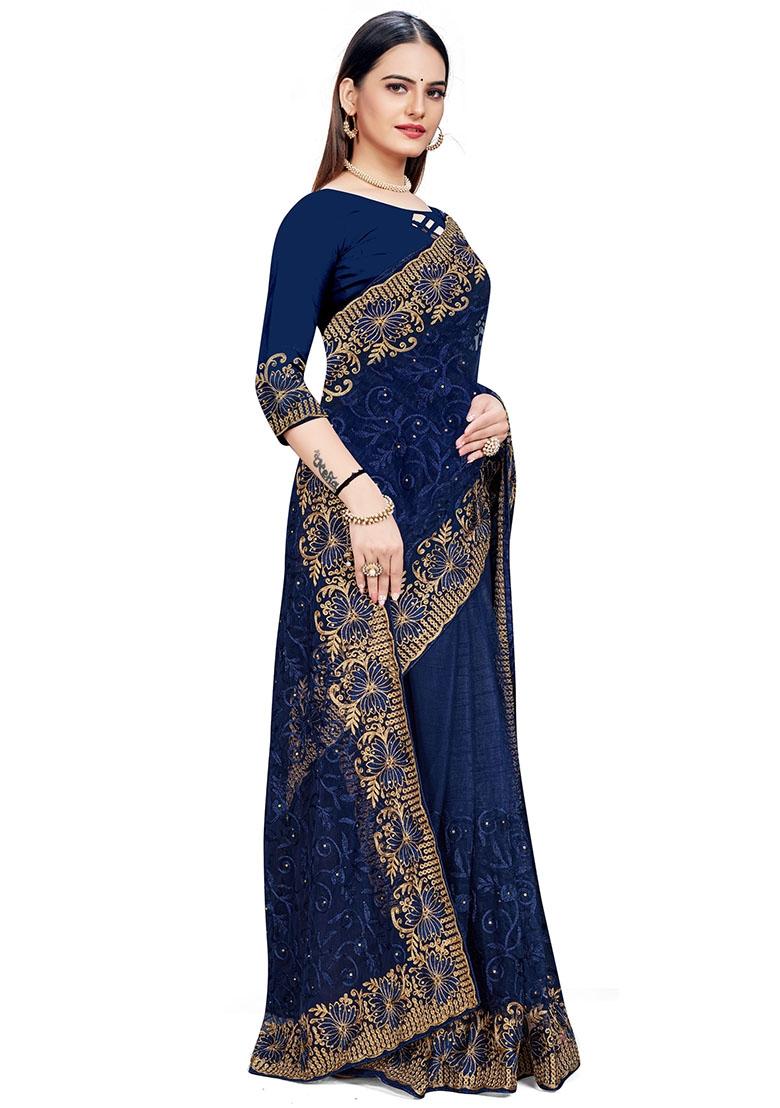 Navy Blue Embroidered Net Saree Set