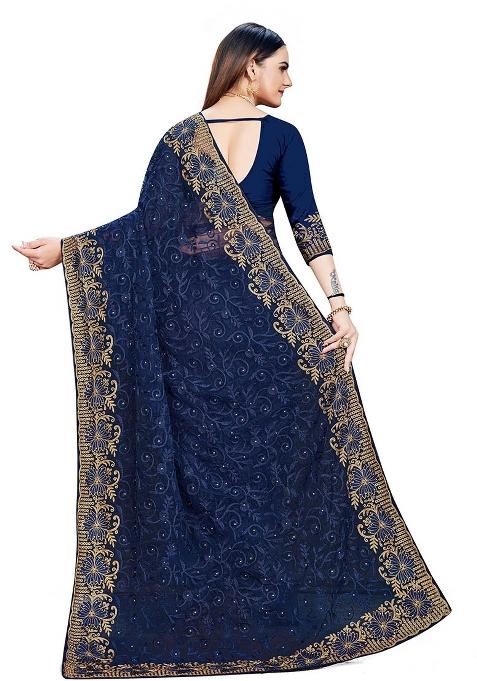 Navy Blue Embroidered Net Saree Set
