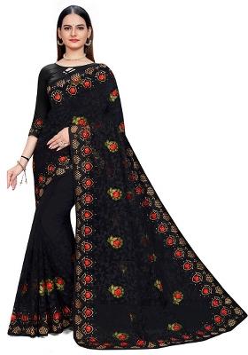 Black Embroidered Net Saree Set