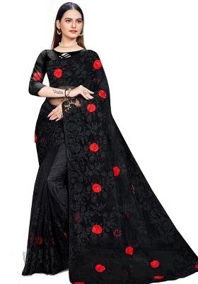 Black Embroidered Net Saree Set