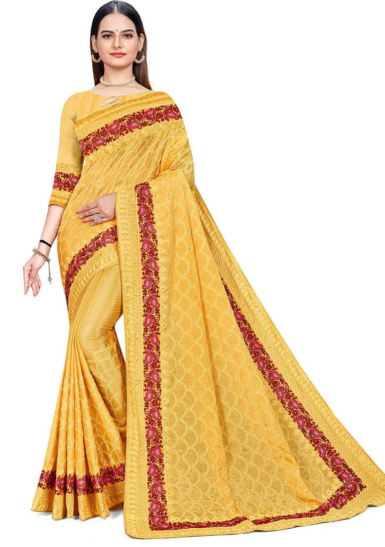 Mustard Chinon Saree Set with Embroidered for Diwali | Wedding & Festive Wear - Indya