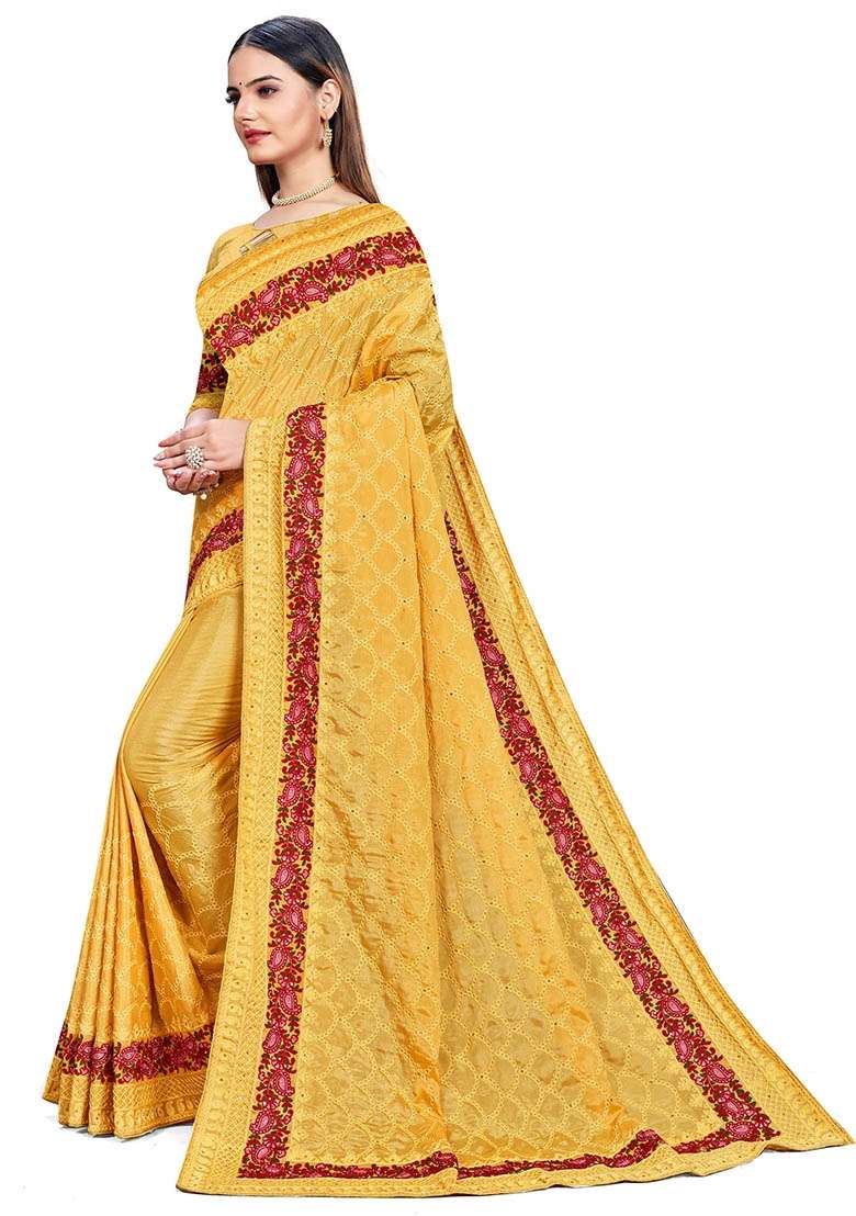 Mustard Chinon Saree Set with Embroidered for Diwali | Wedding & Festive Wear - Indya
