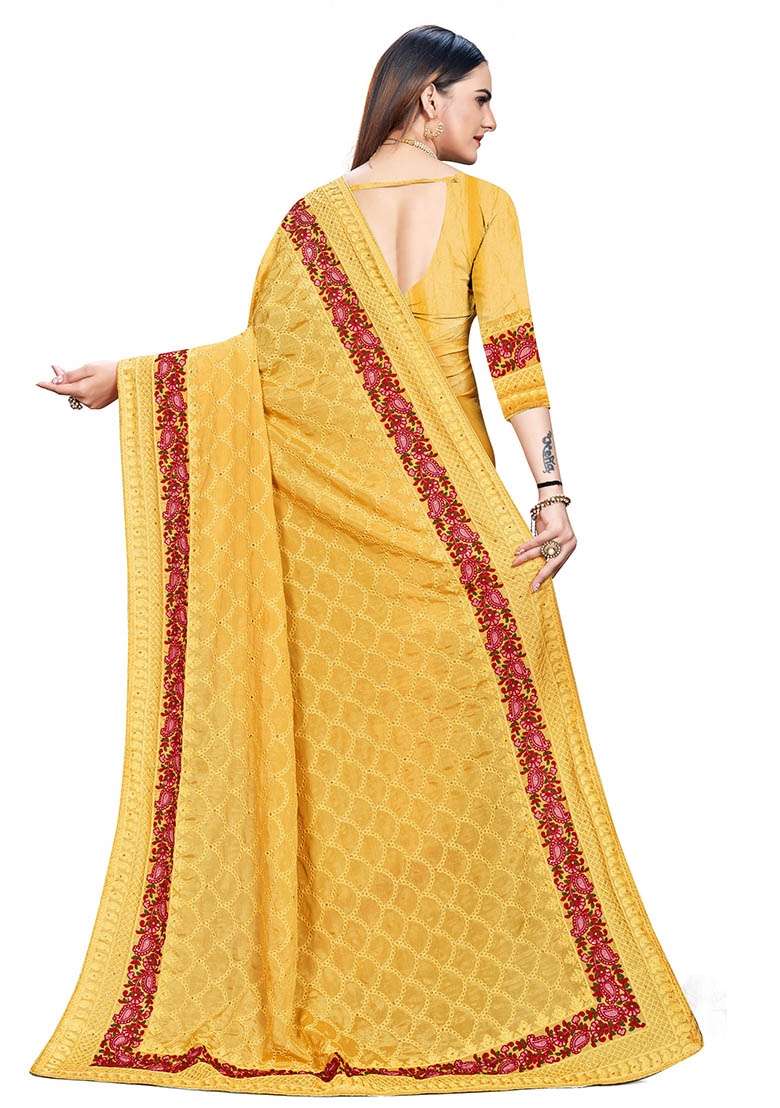Mustard Chinon Saree Set with Embroidered for Diwali | Wedding & Festive Wear - Indya