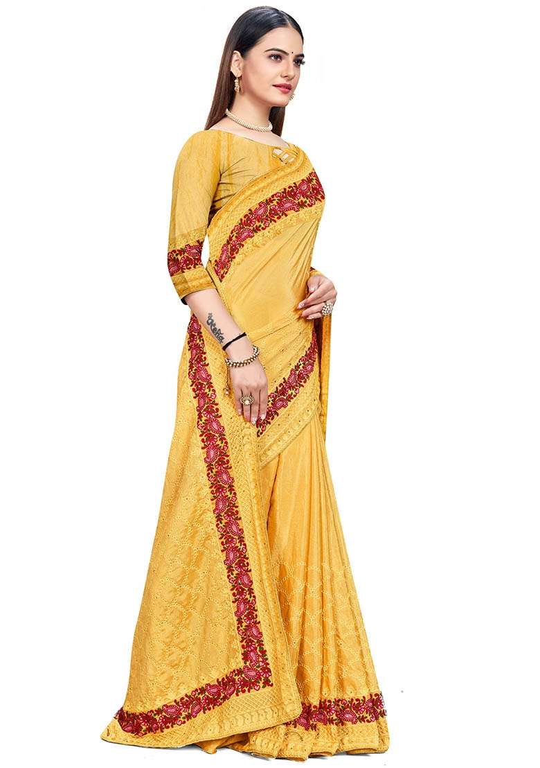 Mustard Chinon Saree Set with Embroidered for Diwali | Wedding & Festive Wear - Indya