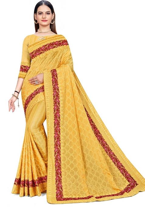 Mustard Embroidered Chinon Saree Set