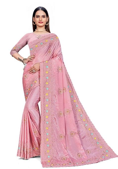Pink Embroidered Chinon Saree Set