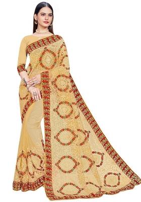 Beige Embroidered Net Saree Set