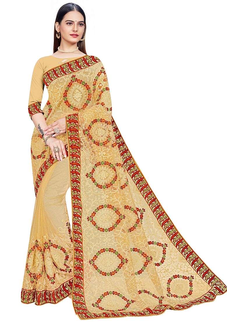 Beige Embroidered Net Saree Set for Diwali and Festive Wear - Indya