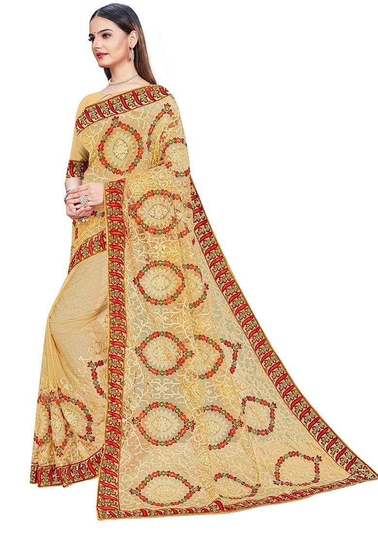 Beige Embroidered Net Saree Set for Diwali and Festive Wear - Indya