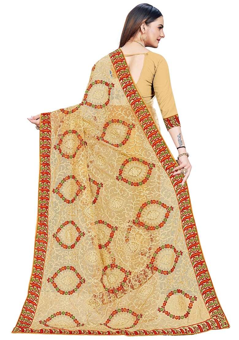 Beige Embroidered Net Saree Set for Diwali and Festive Wear - Indya
