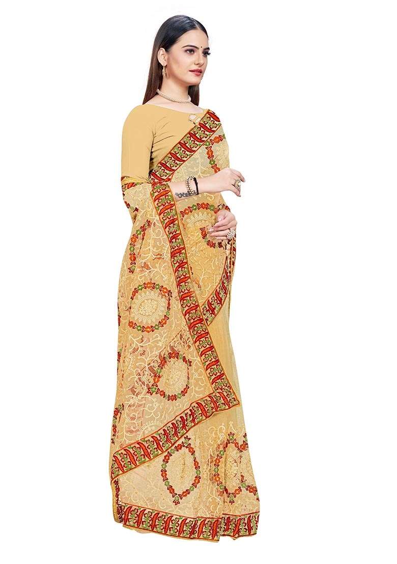 Beige Embroidered Net Saree Set for Diwali and Festive Wear - Indya