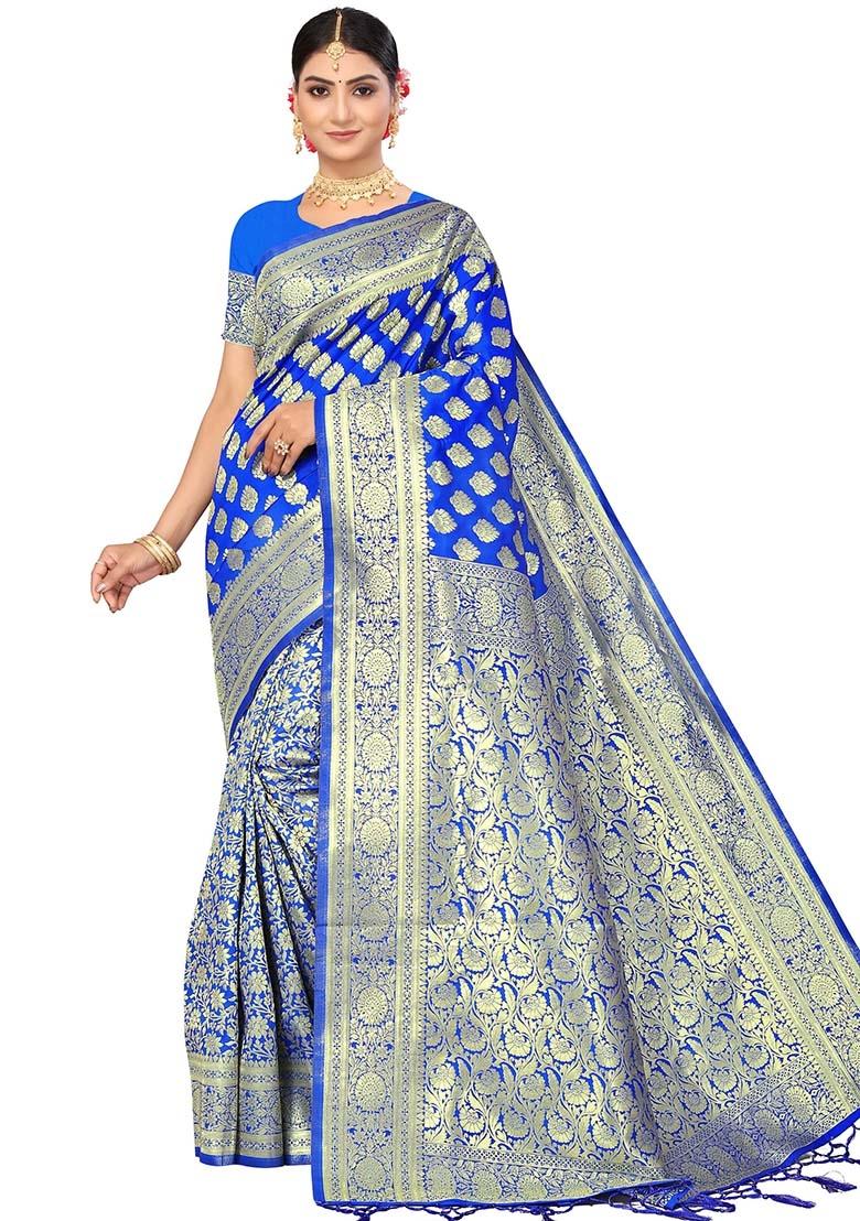Royal Blue Embroidered Silk Saree Set