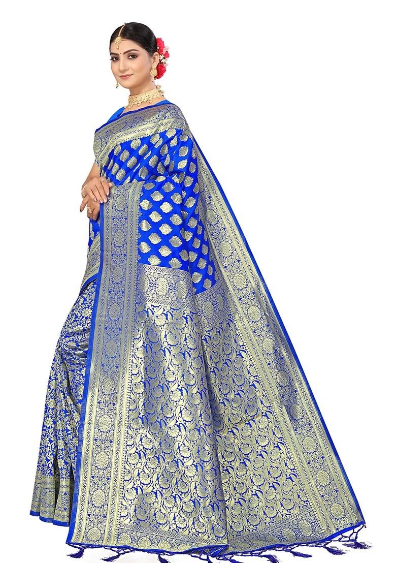 Royal Blue Embroidered Silk Saree Set