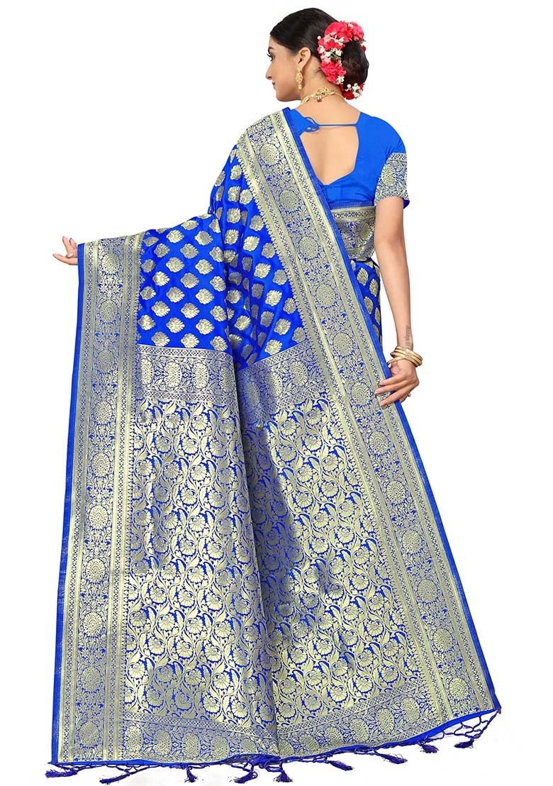 Royal Blue Embroidered Silk Saree Set