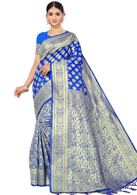 Royal Blue Embroidered Silk Saree Set