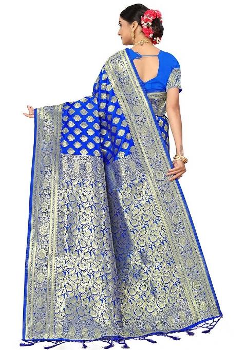 Royal Blue Embroidered Silk Saree Set