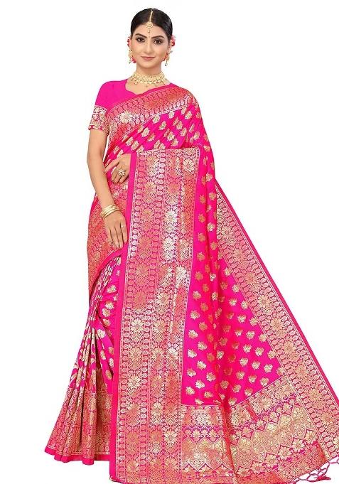Pink Embroidered Silk Saree Set