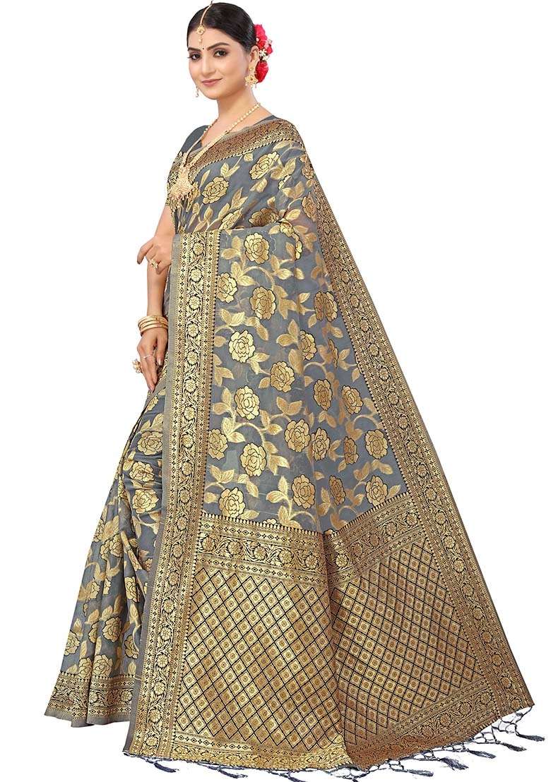 Grey Embroidered Cotton Blend Saree Set for Diwali and Festive Wear - Indya