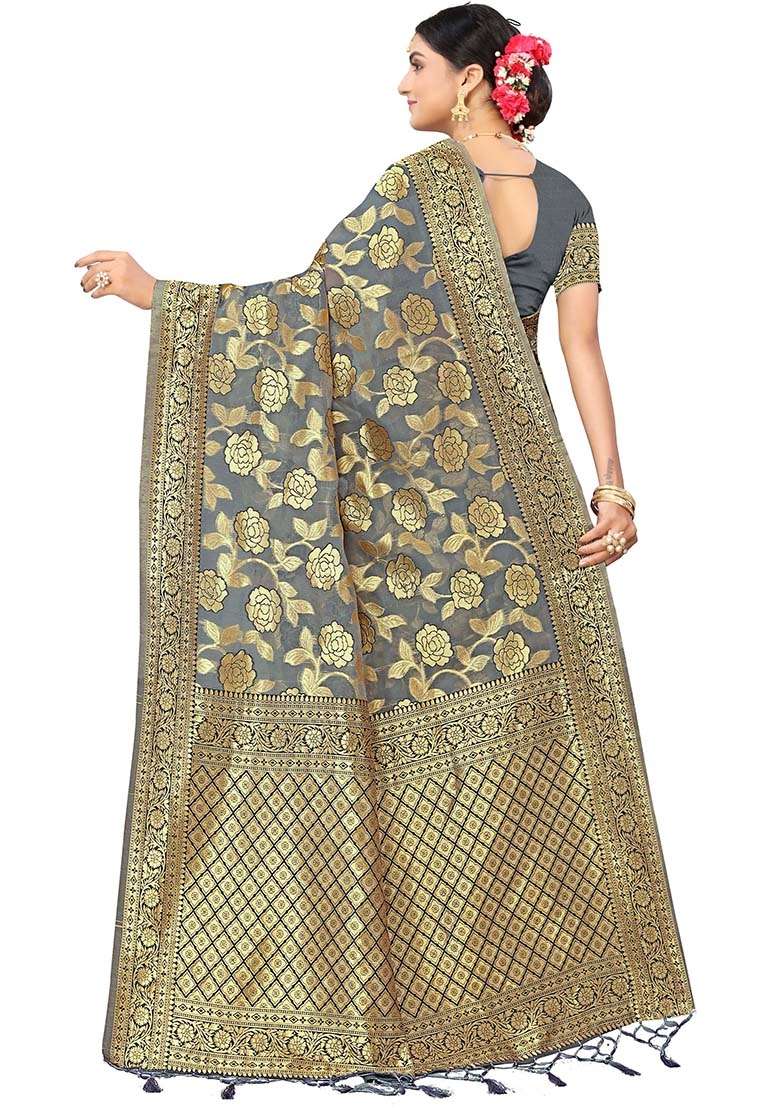 Grey Embroidered Cotton Blend Saree Set for Diwali and Festive Wear - Indya
